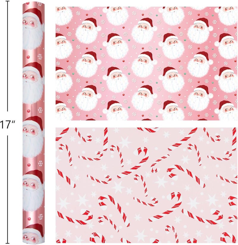 Retrify Funny Santa Claus Christmas Wrapping Paper - 17 Inch x 32.8 Feet Mini Roll - Snowflake Candy Cane Foil Pink Gift Wrap Paper for Holiday Shower Party Celebration - Image 5